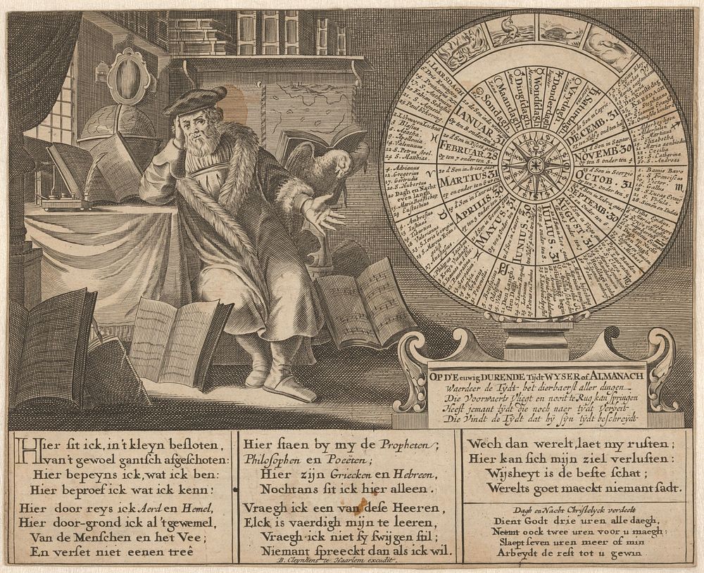 Geleerde in zijn studeervertrek met daarnaast een eeuwigdurende kalender (1712 - 1779) by anonymous and Bernardus Kleynhens