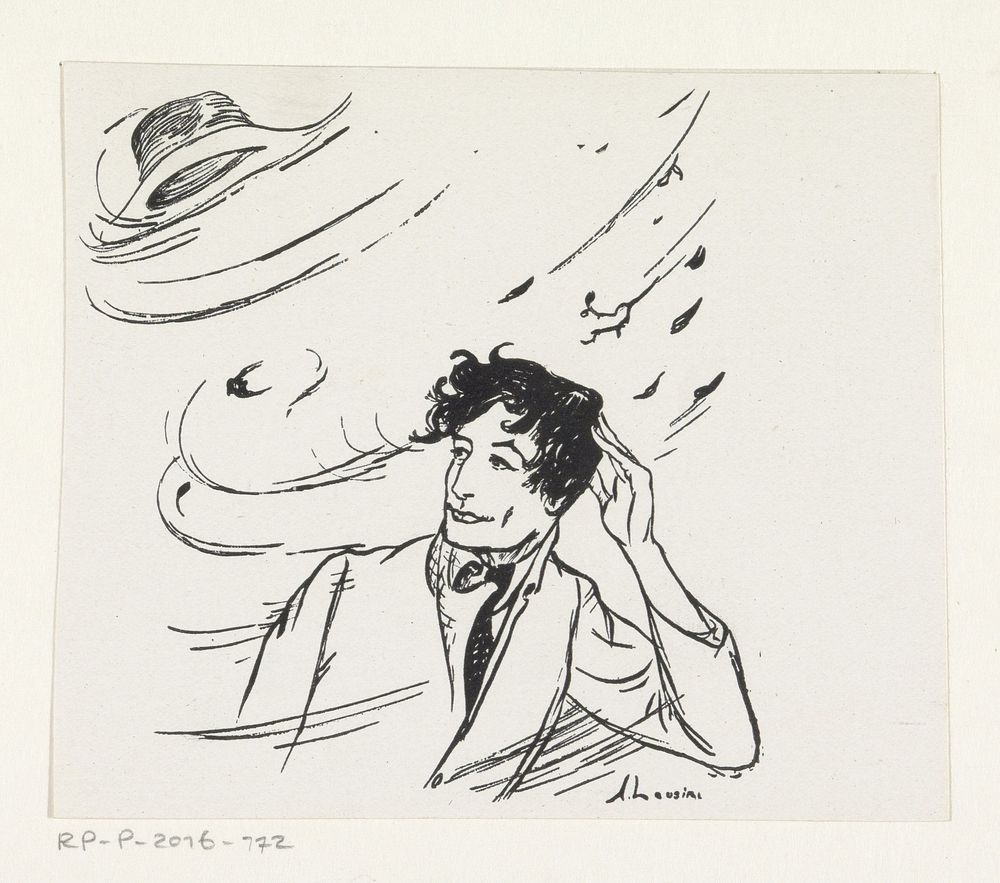 Vaders hoed wordt afgerukt door een windvlaag (in or before 1926) by anonymous and Anny Leusink