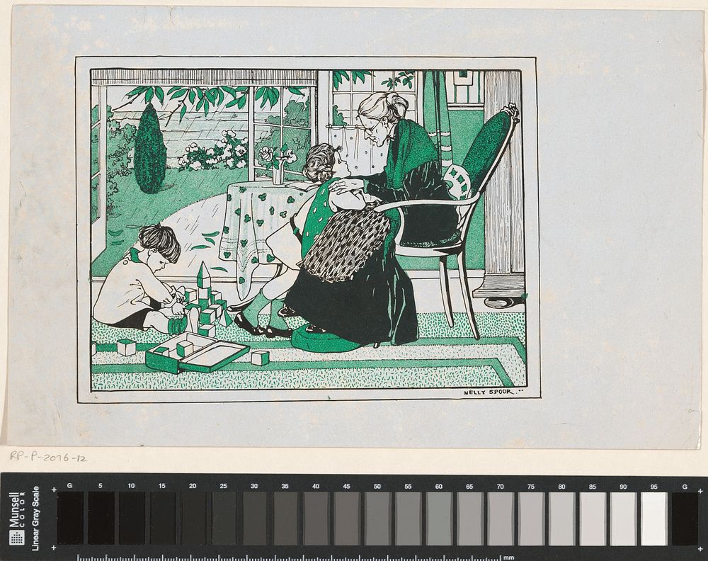 Twee kinderen en een oude vrouw in een interieur (1900 - 1950) by anonymous and Nelly Spoor