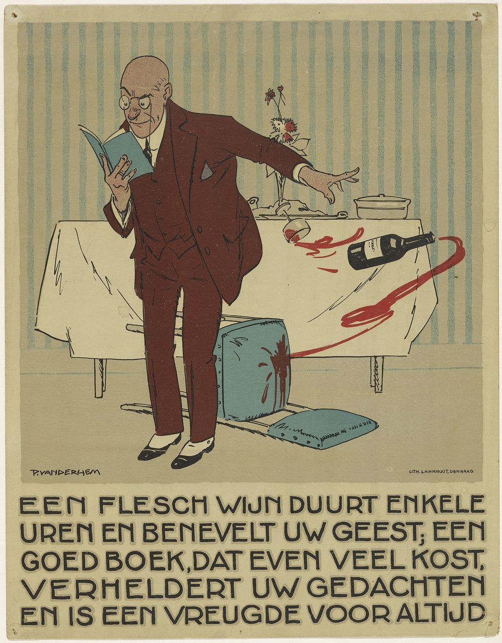 Lezende man stoot per ongeluk een fles en glas wijn van tafel (1921) by Piet van der Hem, Lankhout and Nederlandsche…