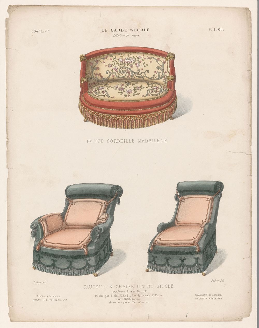 Twee fauteuils en stoel (1885 - 1895) by Quéton, Becquet frères, Eugène Maincent and Désiré Guilmard