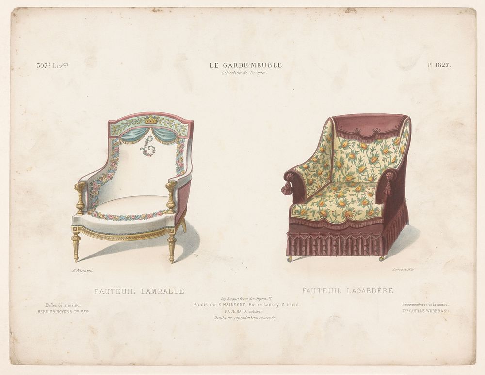 Twee fauteuils (1885 - 1895) by Léon Laroche, Becquet frères, Eugène Maincent and Désiré Guilmard