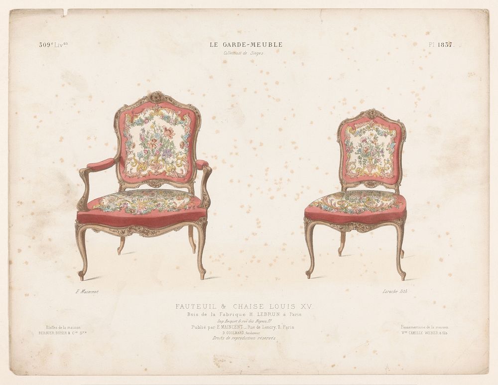 Fauteuil en stoel (1885 - 1895) by Léon Laroche, Becquet frères, Eugène Maincent and Désiré Guilmard