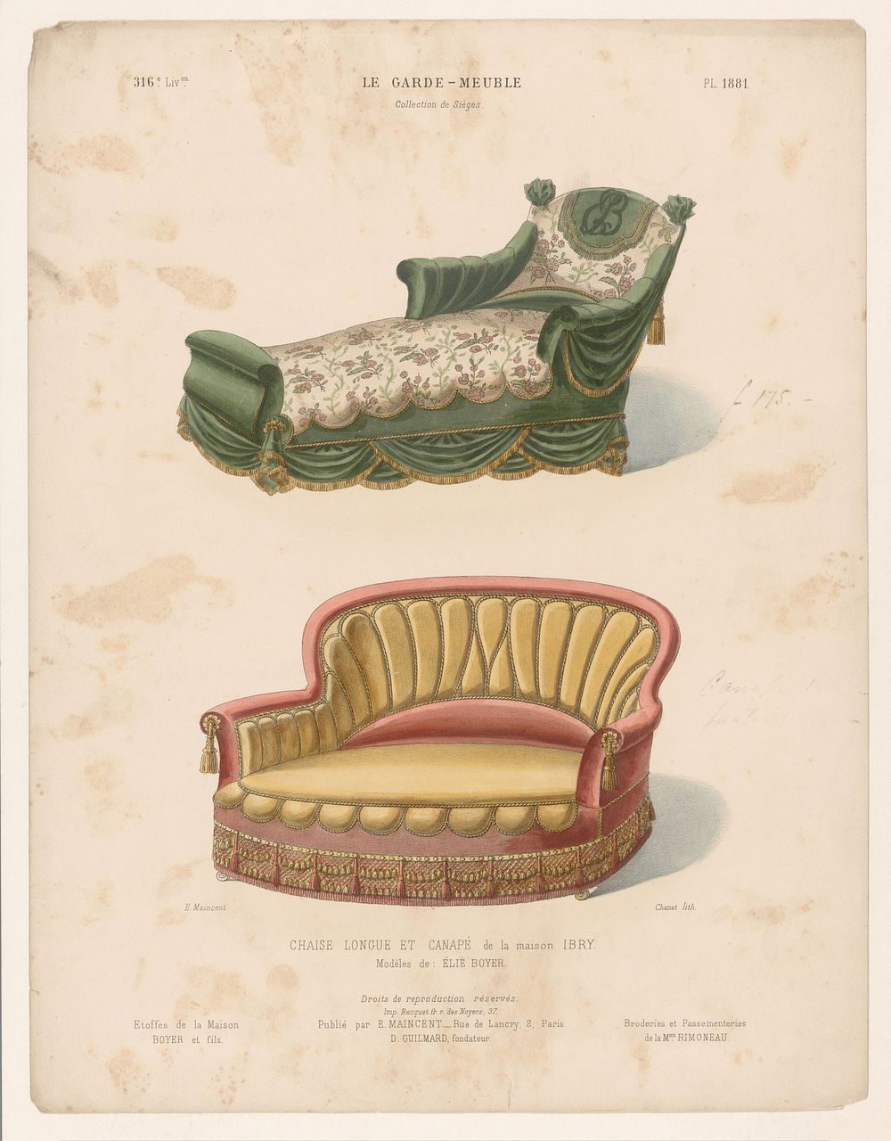 Chaise longue en canapé (1885 - 1895) by Chanat, Becquet frères, Eugène Maincent and Désiré Guilmard