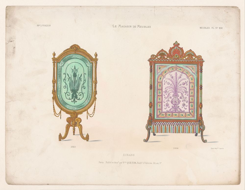 Twee kamerschermen (1832 - 1877) by anonymous, Victor Joseph Quétin, Victor Joseph Quétin and Victor Joseph Quétin