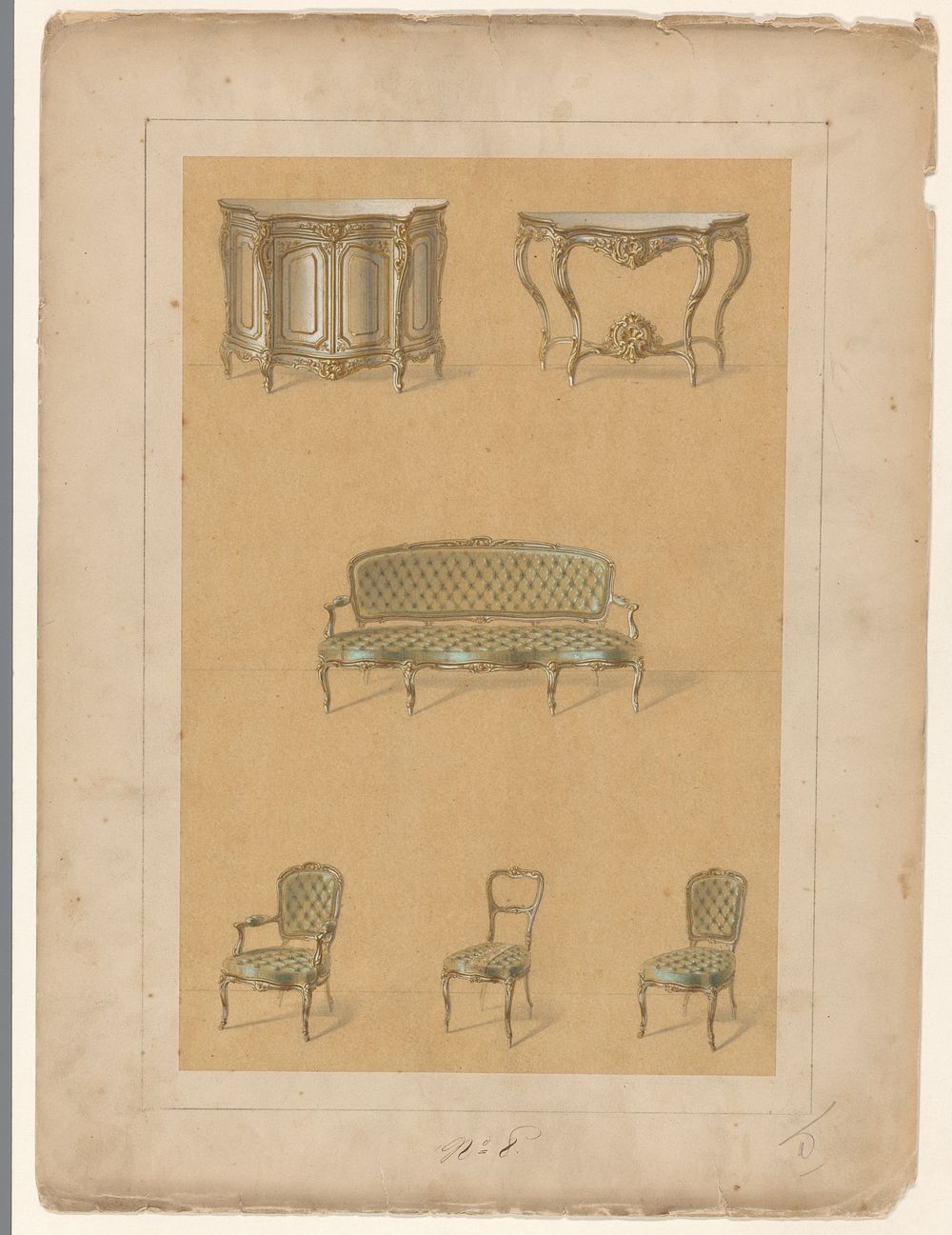 Kast, consoletafel, bank, fauteuil en stoelen (1800 - 1900) by anonymous