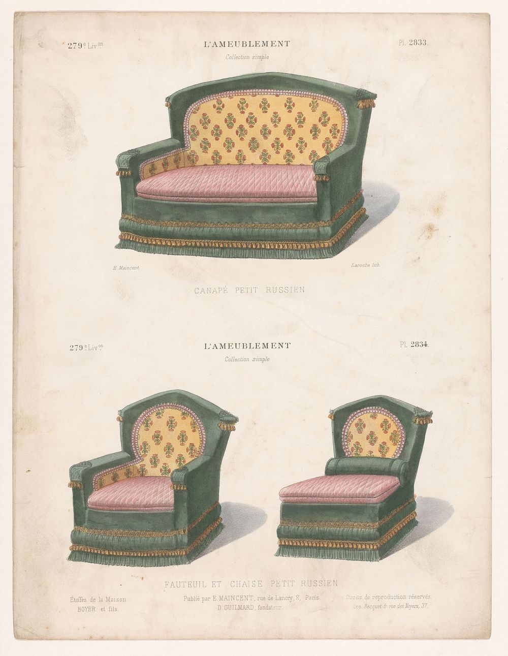 Canapé, fauteuil en stoel (1885 - 1895) by Léon Laroche, Becquet frères, Eugène Maincent and Désiré Guilmard