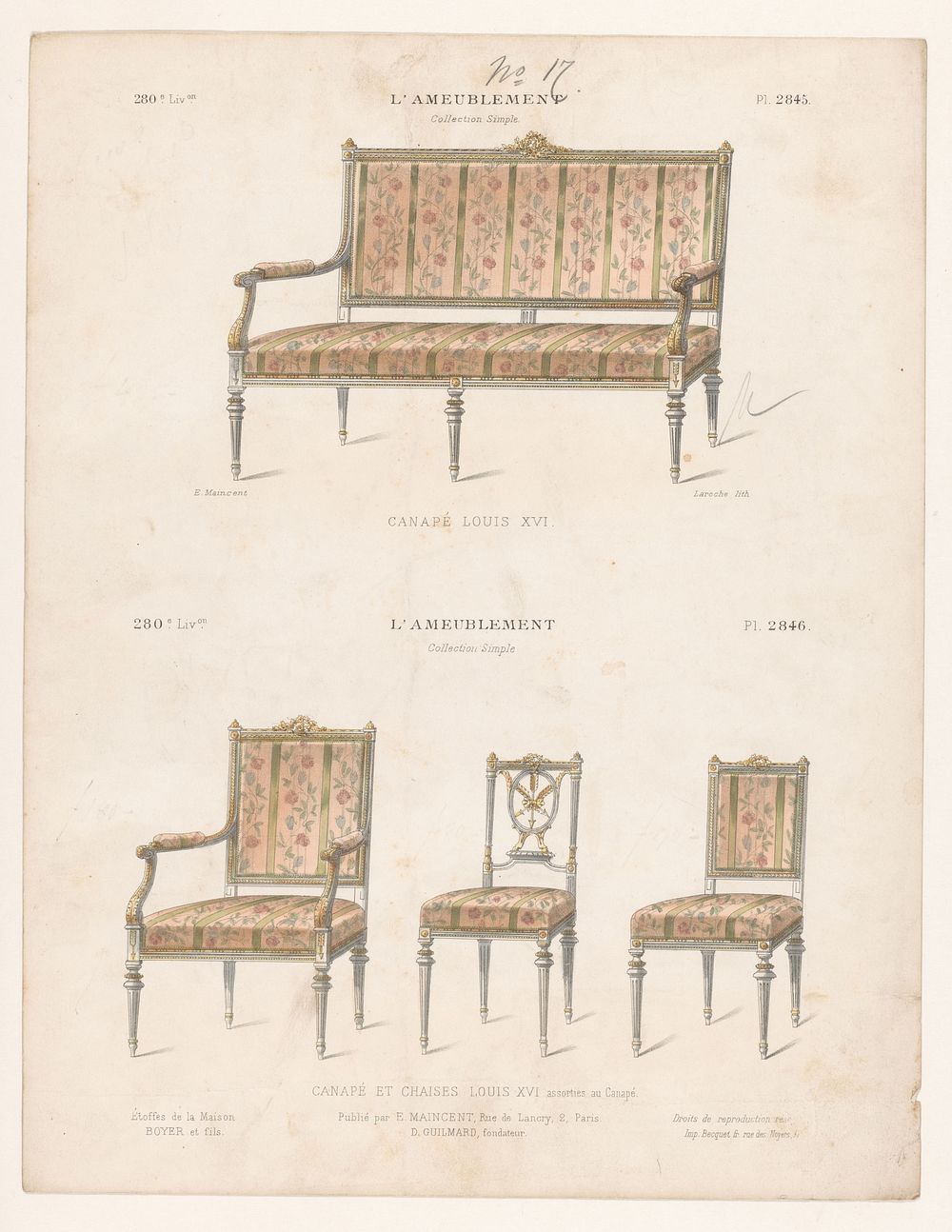 Canapé en drie stoelen (1885 - 1895) by Léon Laroche, Becquet frères, Eugène Maincent and Désiré Guilmard