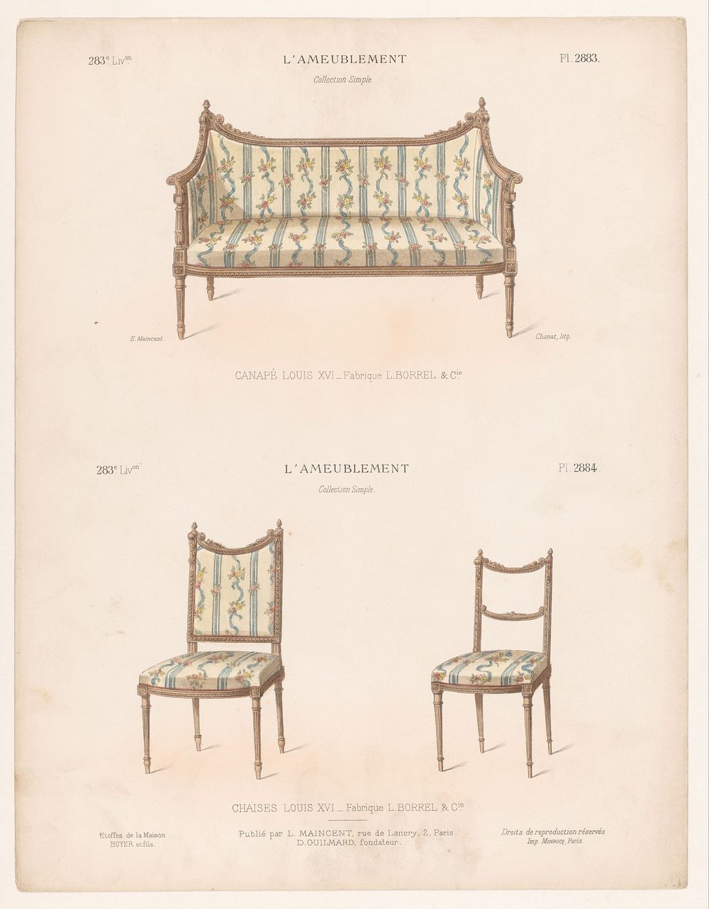 Canapé en twee stoelen (1885 - 1895) by Chanat, Monrocq, Eugène Maincent and Désiré Guilmard