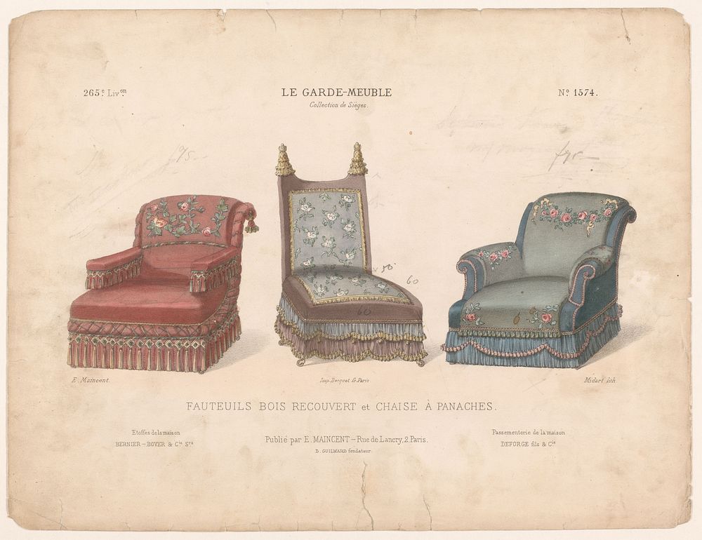 Twee fauteuils en stoel (1885 - 1895) by Midart, Becquet frères, Eugène Maincent and Désiré Guilmard
