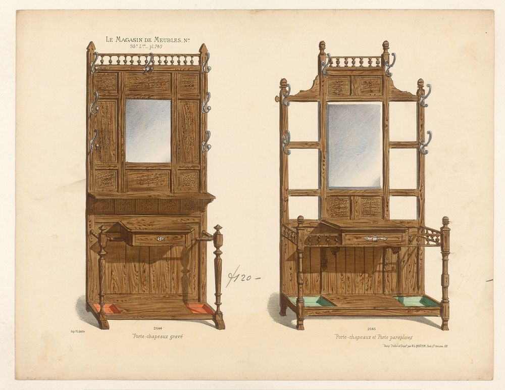 Twee meubels met spiegel en kapstokken (1878 - in or after 1904) by anonymous, Victor Léon Michel Quétin, Victor Léon Michel…