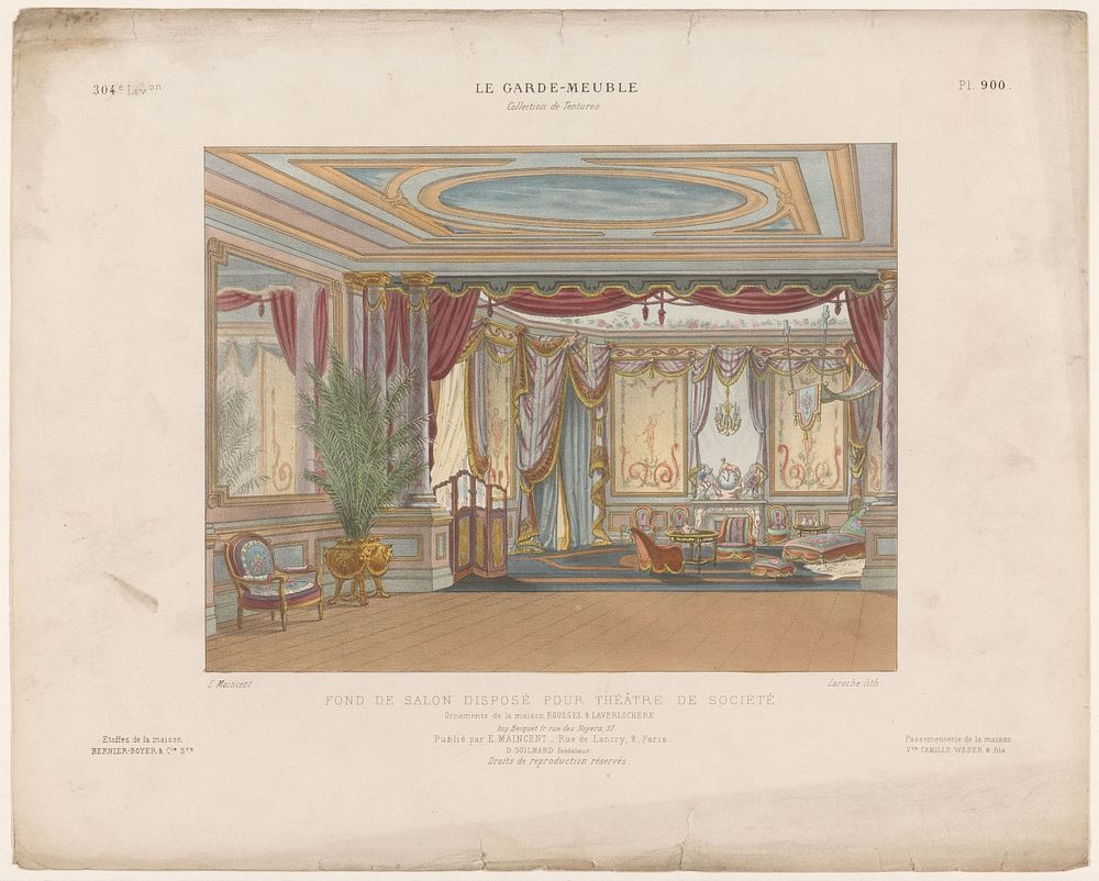 Theatersalon met gordijnen (c. 1885 - c. 1895) by Léon Laroche, Eugène Maincent, Becquet and Eugène Maincent