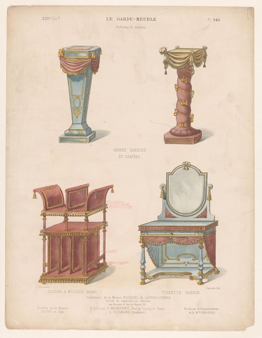 Interieurobjecten met decoraties en draperieën (c. 1885 - c. 1895) by Léon Laroche, Eugène Maincent, Becquet and Eugène…