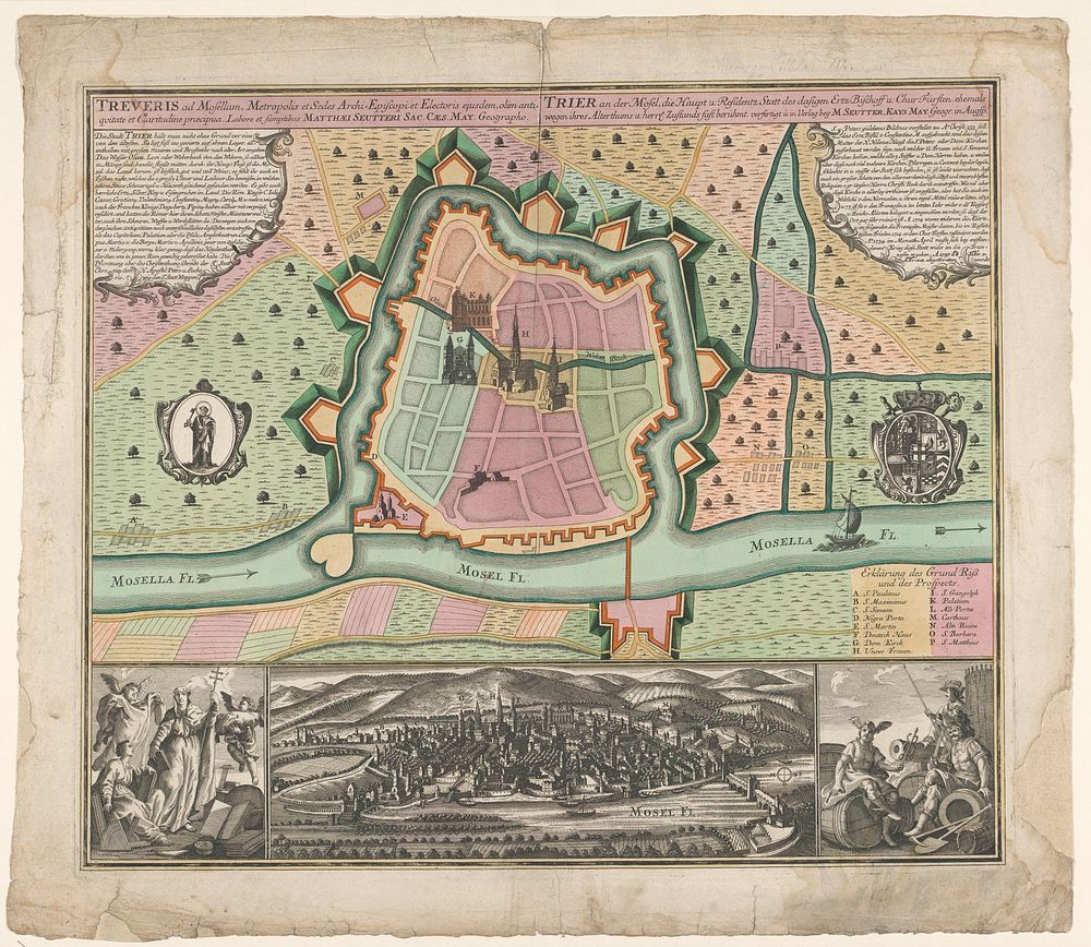 Plattegrond van en gezicht op Trier (1737 - 1757) by anonymous, Matthaeus Seutter III and Matthaeus Seutter III