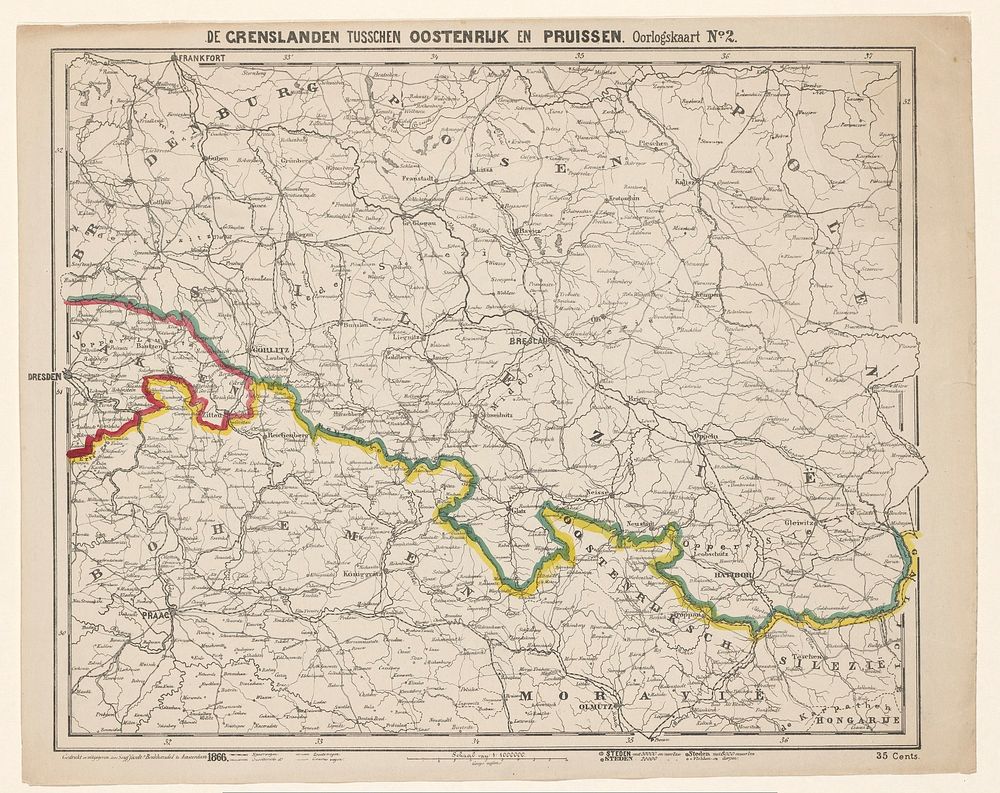 Kaart van het grensgebied van Oostenrijk en Pruisen (1866) by anonymous, boekhandel te Amsterdam Seijffardt and boekhandel…