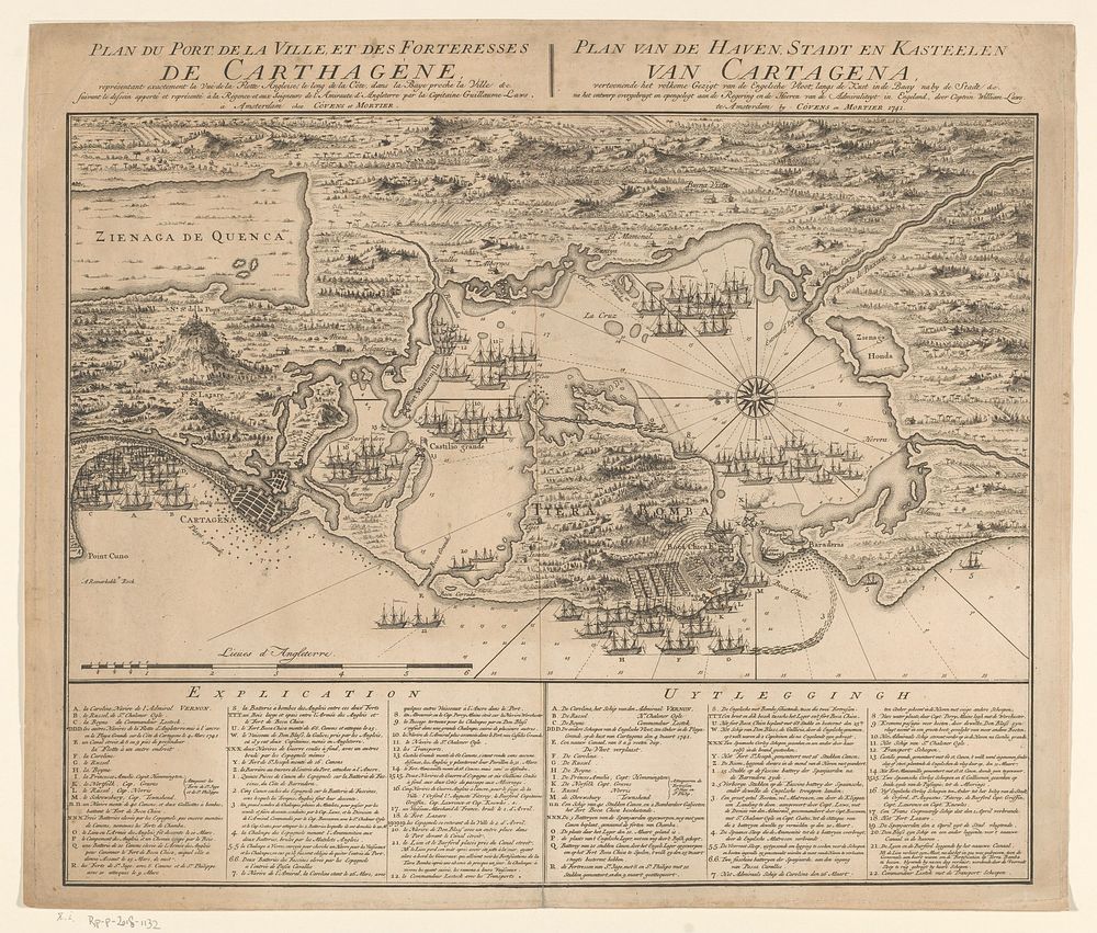 Plattegrond van de omgeving van Cartagena met de slag van Cartagena, 1741 (1741) by anonymous, William Laws and Covens and…