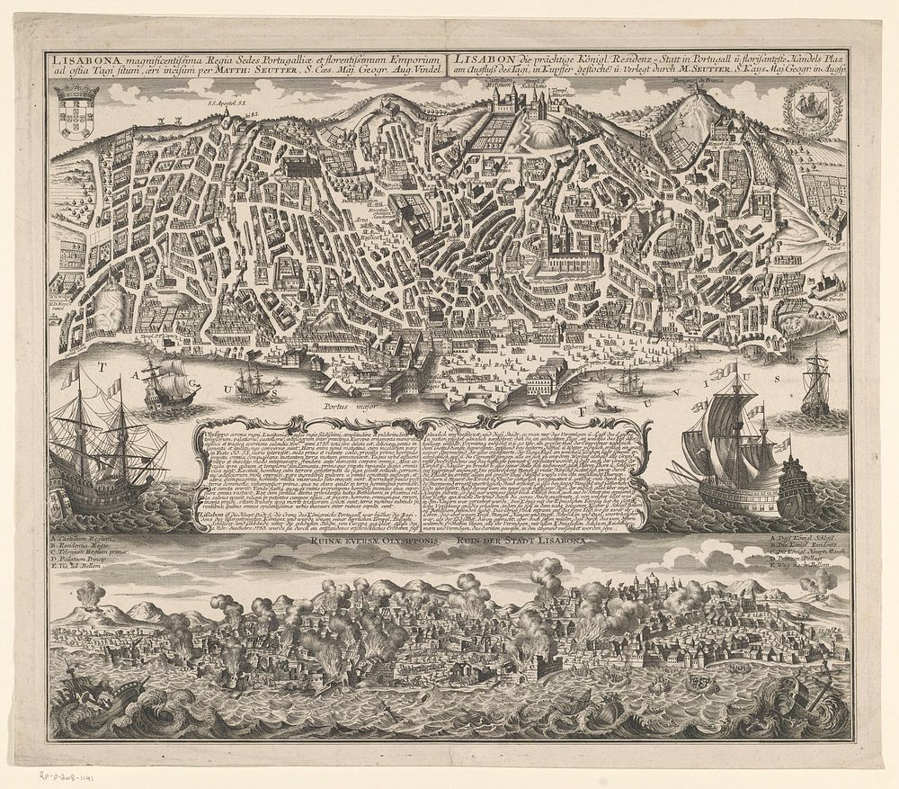 Plattegrond van Lissabon met een gezicht op Lissabon tijdens de aardbeving in 1755 (1755 - 1757) by Matthaeus Seutter III…