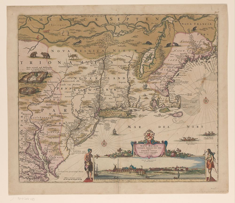 Kaart van de noordoostkust van Amerika, met een gezicht op Nieuw-Amsterdam (1684) by anonymous, Nicolaes Visscher I…