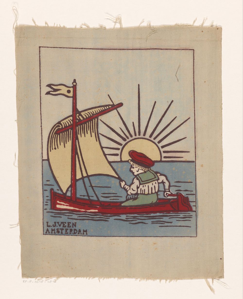 Jongen in zeilboot bij opkomende zon (c. 1890 - c. 1920) by anonymous