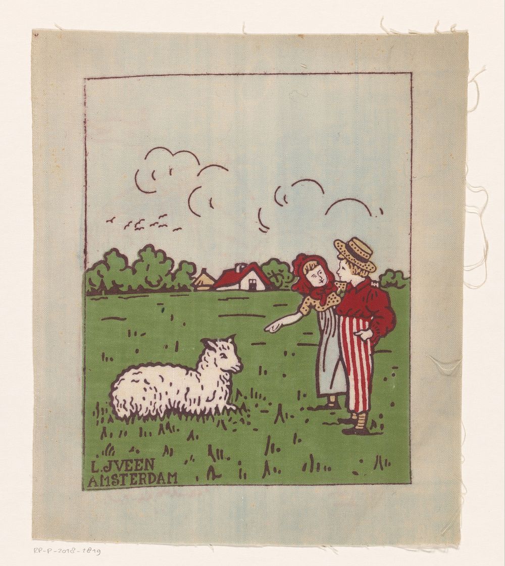 Jongen, meisje en schaap in een weiland (c. 1890 - c. 1920) by anonymous