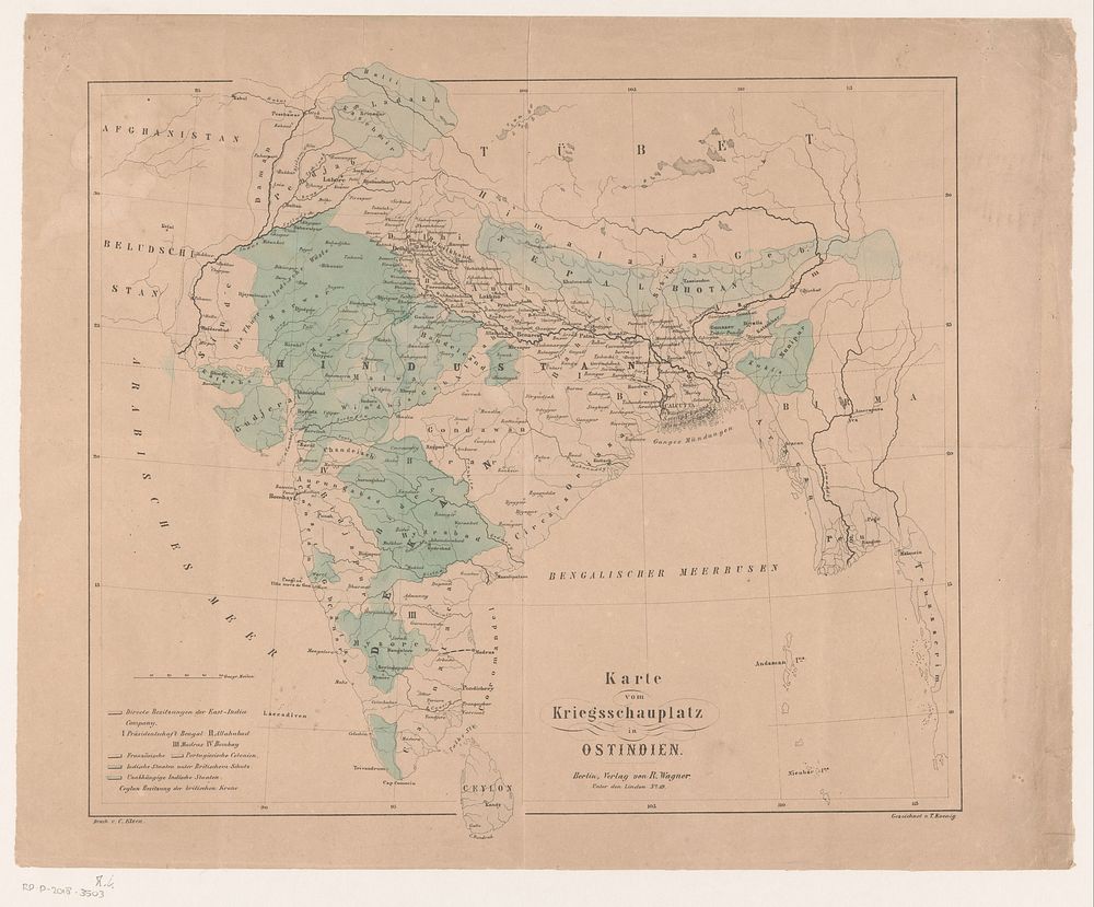 Kaart van Europese koloniale bezittingen in India (1850 - 1899) by anonymous, T Koenig, C Kloen and R  Kunst und…