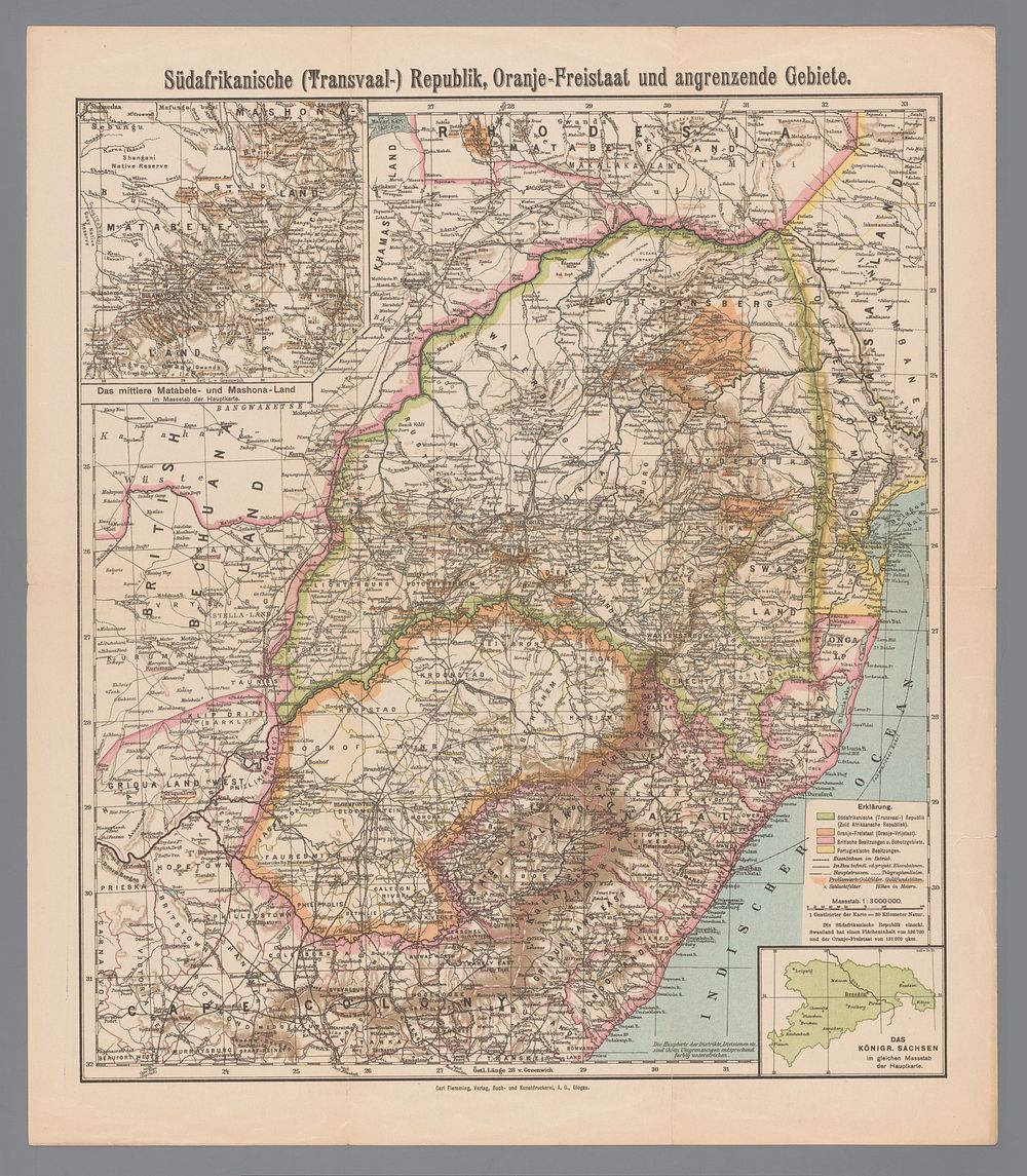Kaart van de voormalige Zuid-Afrikaansche Republiek (1852 - 1878) by anonymous and Carl Flemming
