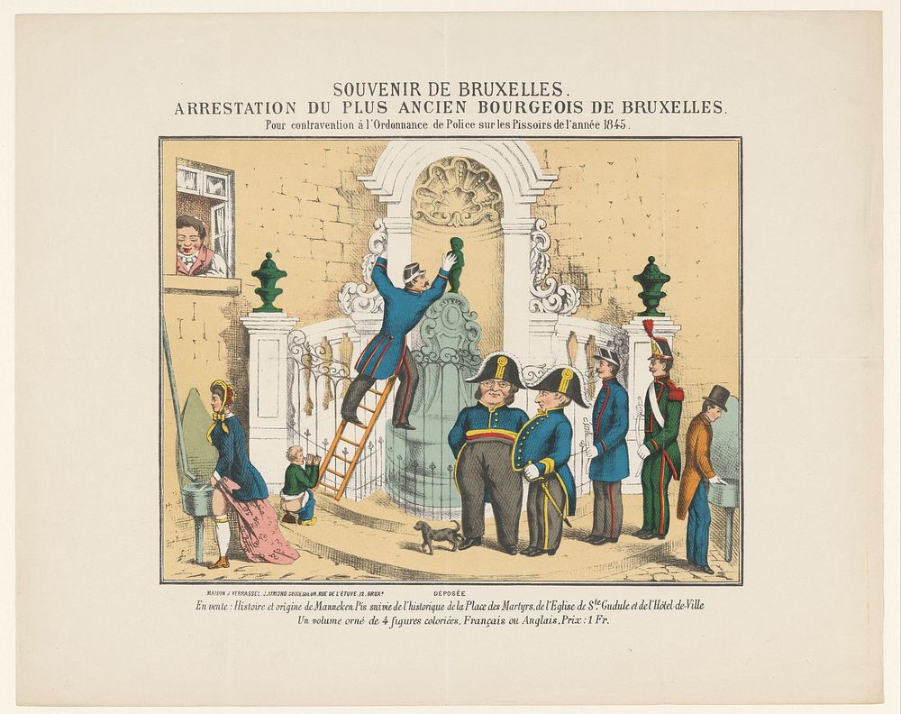 Arrestatie van Manneken Pis, 1845 (1845 - 1850) by anonymous, Maison J Verrassel and J Aymond