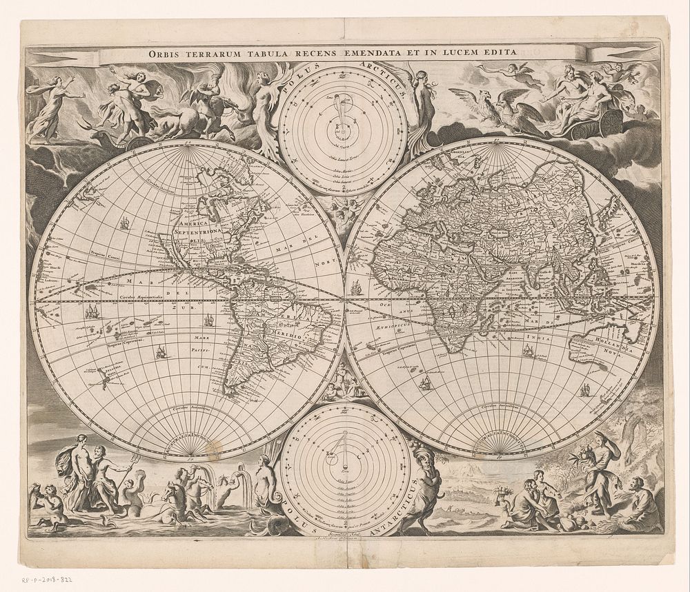 Wereldkaart met allegorie op de vier elementen (1682) by Bastiaen Stopendael