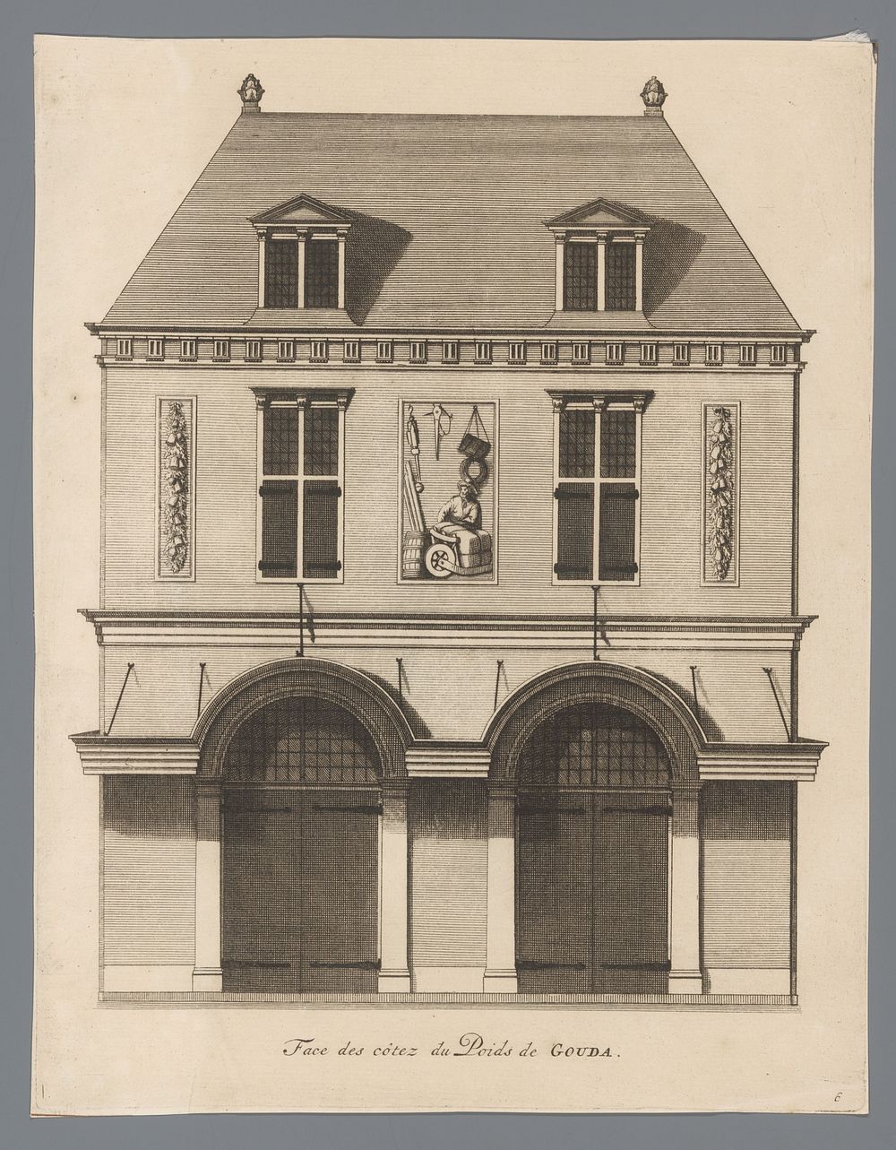 Gezicht op de zijgevel van de Waag te Gouda (1715) by anonymous and Pieter van der Aa I