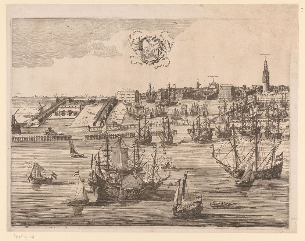 Gezicht op Amsterdam vanaf het IJ richting de Montelbaanstoren en 's Lands Zeemagazijn (c. 1670 - c. 1720) by anonymous