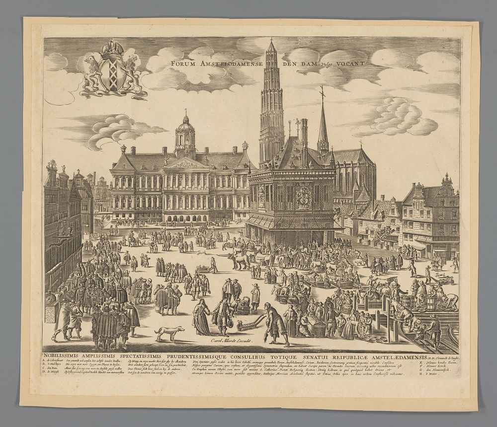 Gezicht op de Dam te Amsterdam (1634 - 1677) by Clement de Jonghe, Jacob van der Ulft and Carel Allard