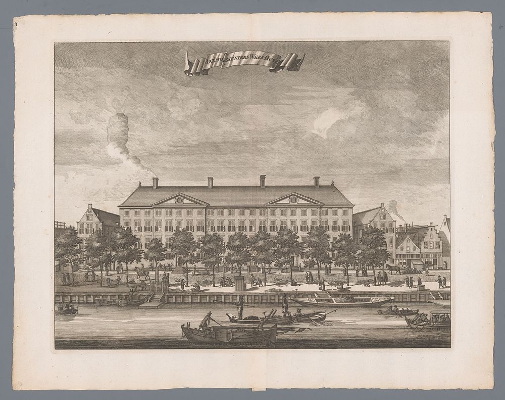 Gezicht op het Aalmoezeniersweeshuis in Amsterdam (1693) by anonymous and weduwe Aart Dircksz Oossaan