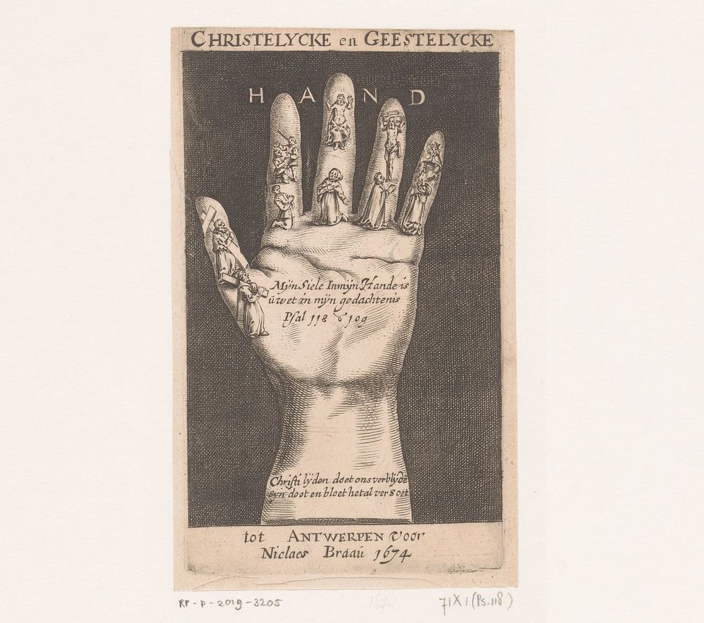 Hand met daarop Christelijke voorstellingen (1674) by anonymous and Claes Braau