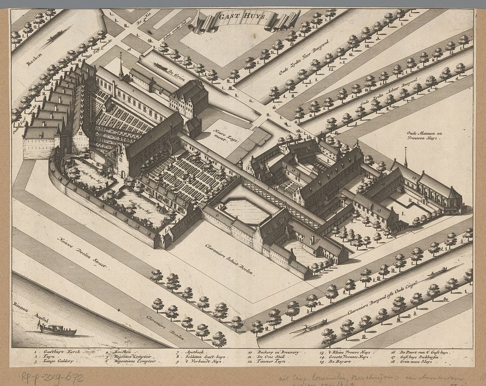 Gezicht op het Oudezijds Heerenlogement en Binnengasthuis in Amsterdam in vogelvluchtperspectief (1693) by anonymous and…