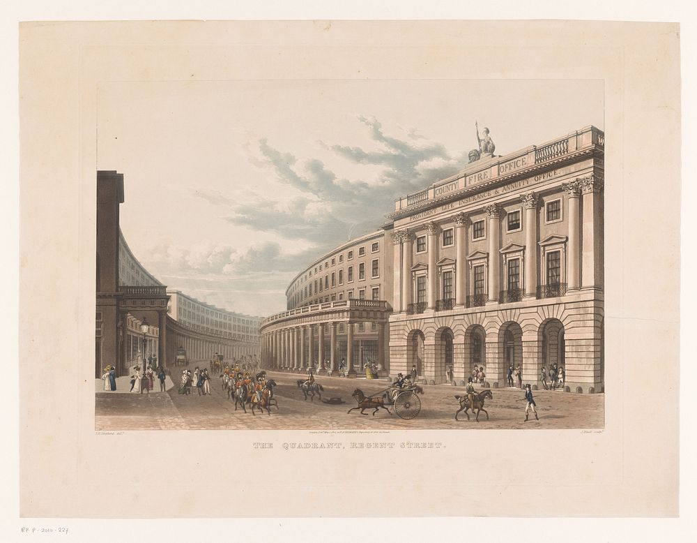 Gezicht op Regent Street in Londen (1822) by John Bluck, Thomas Hosmer Shepherd and Rudolph Ackermann