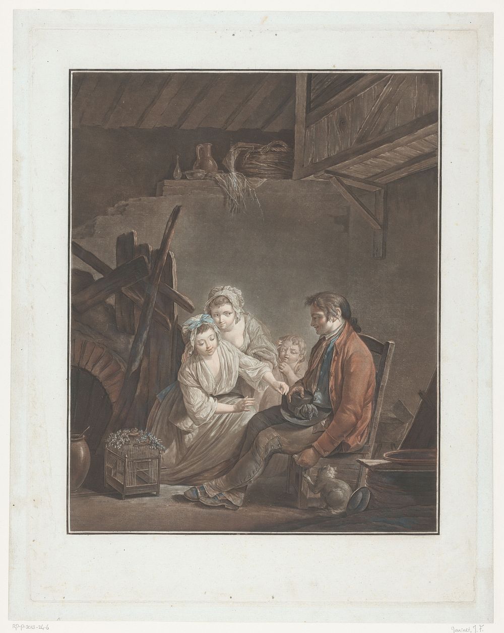 Twee vrouwen en een kind bij een man die een vogel verstopt (1780 - 1790) by Jean François Janinet and Jean Jacques II…