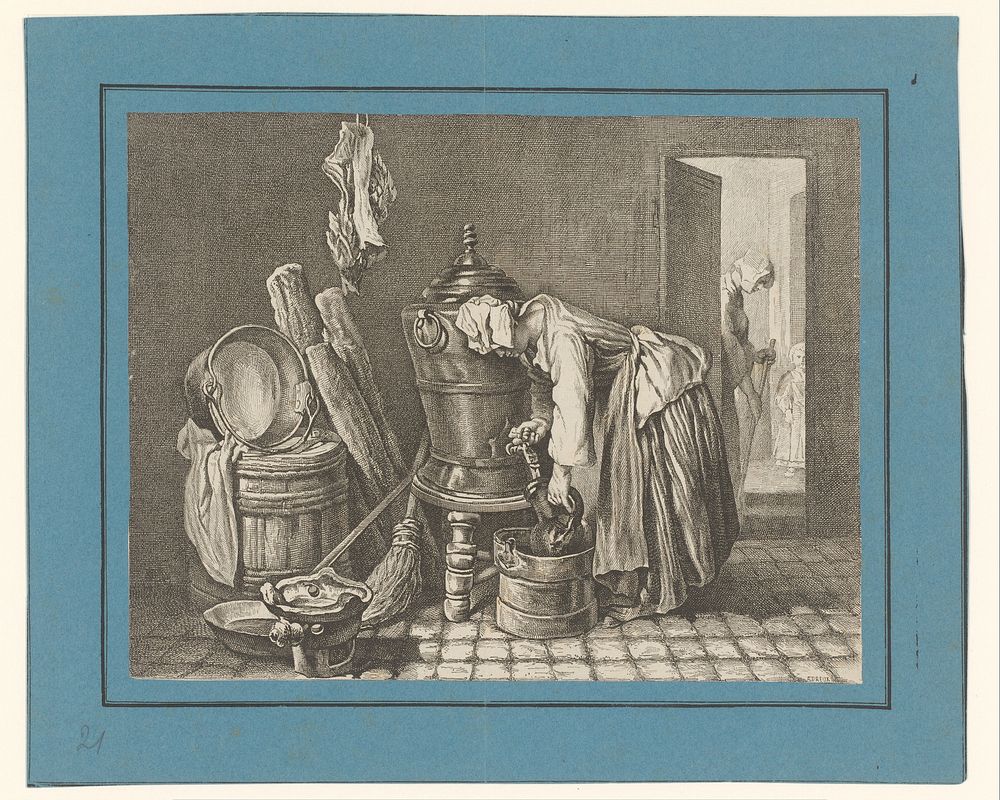 Interieur met vrouw die een kan vult met water (1823 - 1860) by Alfred de Dreux and Jean Baptiste Siméon Chardin