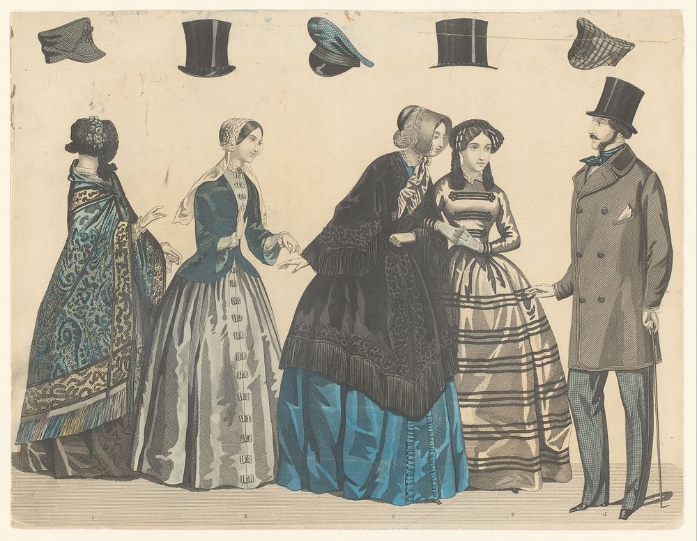 Vier vrouwen en een man in modieuze kleding, boven hen vijf hoofddeksels (c. 1845 - c. 1855) by anonymous