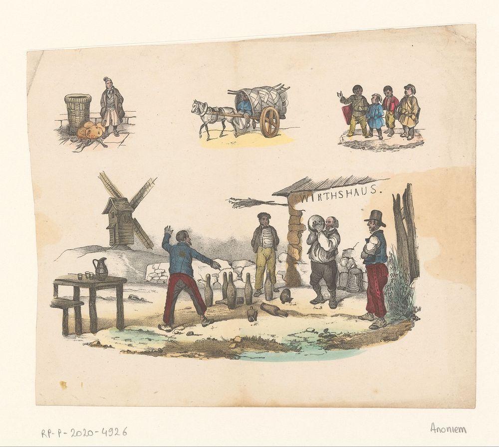 Vier mannen aan het kegelen voor een herberg (c. 1800 - c. 1850) by anonymous
