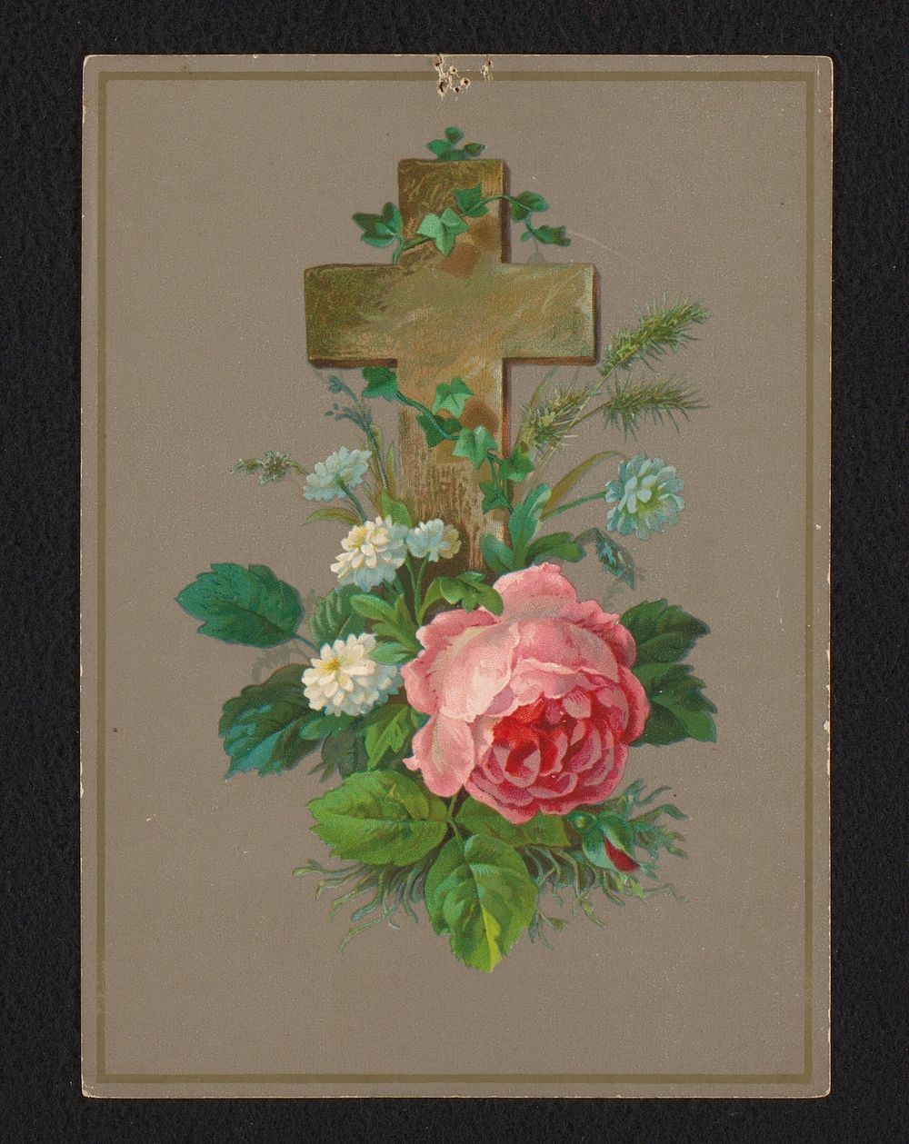 Herdenkingskaart met kruis, pioenroos en veldbloemen (c. 1850 - c. 1950) by anonymous