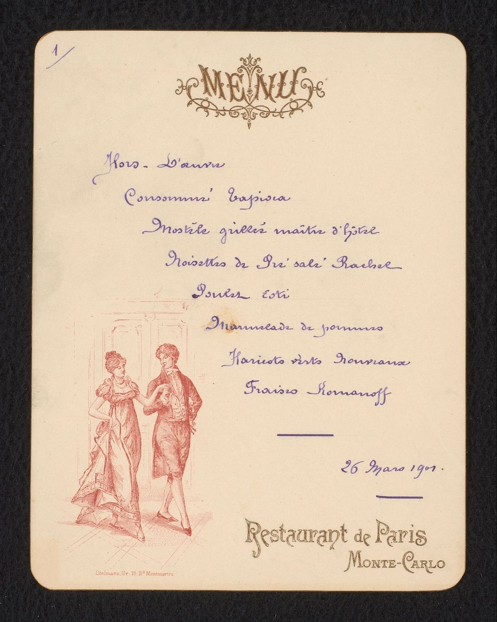 Menukaart van Restaurant de Paris in Monte Carlo voor 26 maart 1901 (before 1901) by anonymous and Louis Stelmans