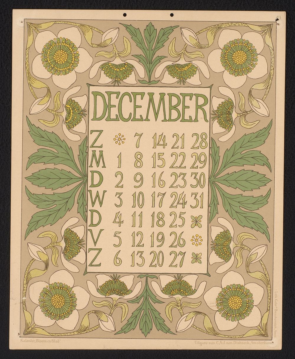 Kalenderblad voor december 1902 met kerstroos (1901) by Gebroeders Braakensiek, Netty van der Waarden and C A J van Dishoeck