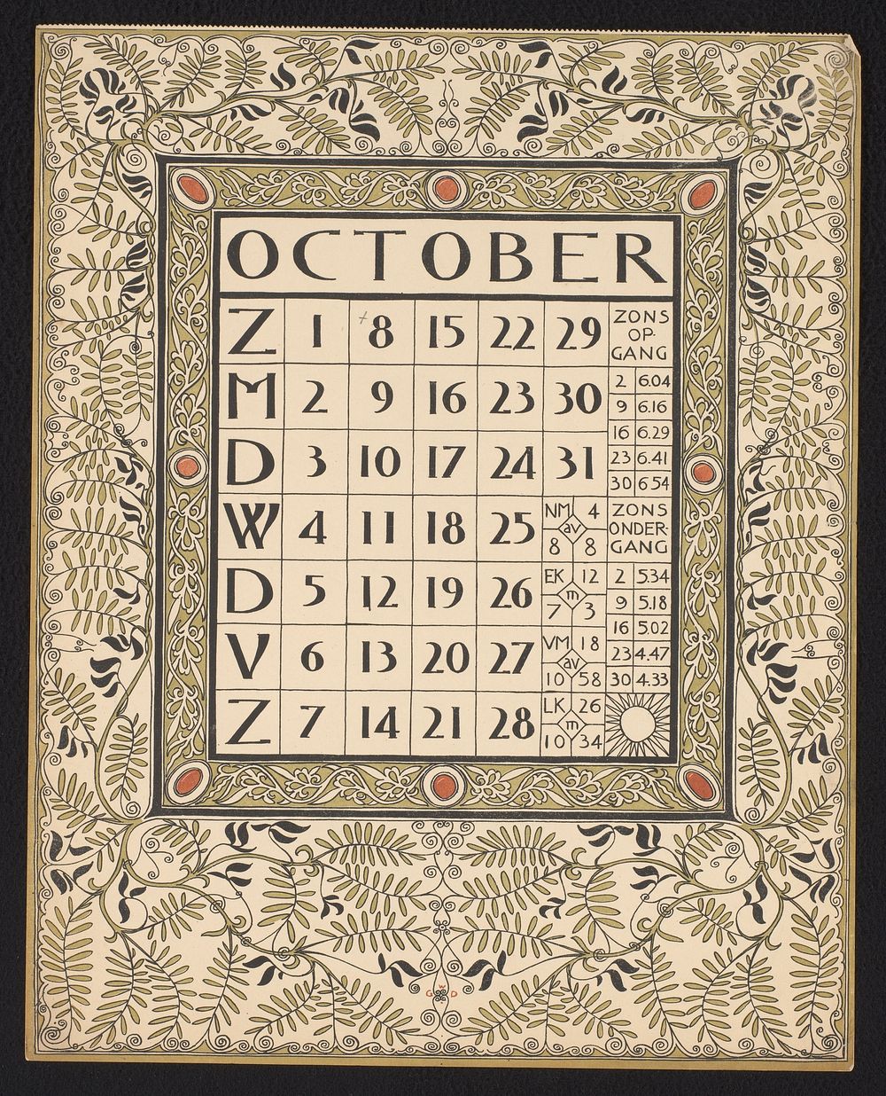 Kalenderblad voor oktober 1899 (1898 - 1899) by Gerrit Willem Dijsselhof and Scheltema and Holkema