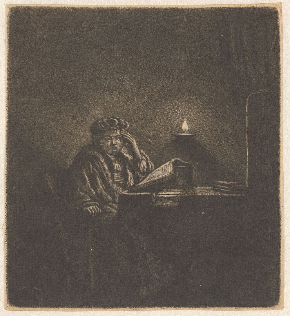 Een student aan tafel bij kaarslicht (c. 1642) by Rembrandt van Rijn