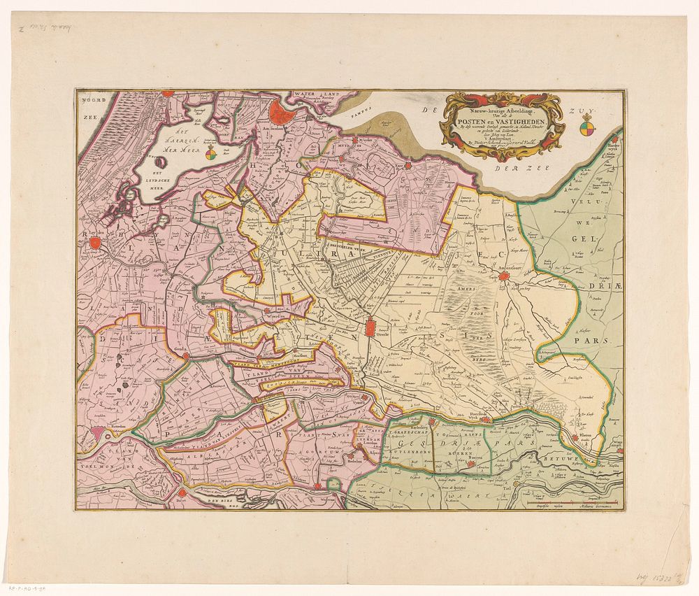 Kaart van de provincies Holland, Utrecht en Gelderland met de vestingen en forten gebouwd tijdens de oorlog in 1672 (in or…