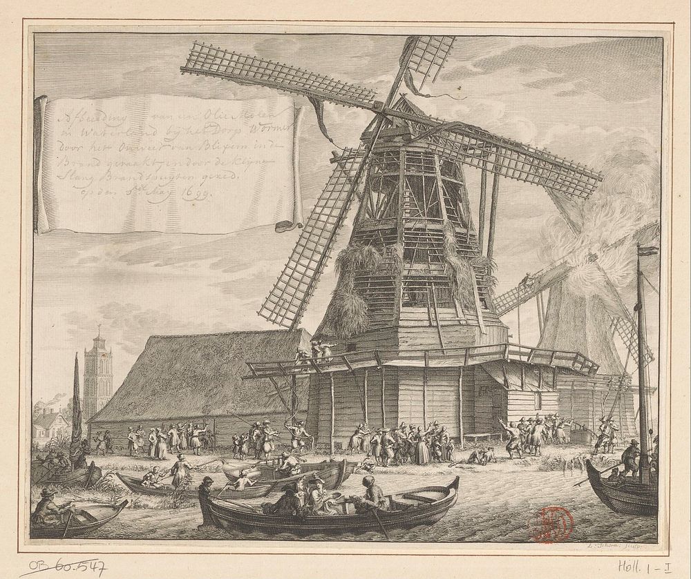 Brand in oliemolen De Zeug bij Wormer, 1699 (1735) by Laurens Scherm