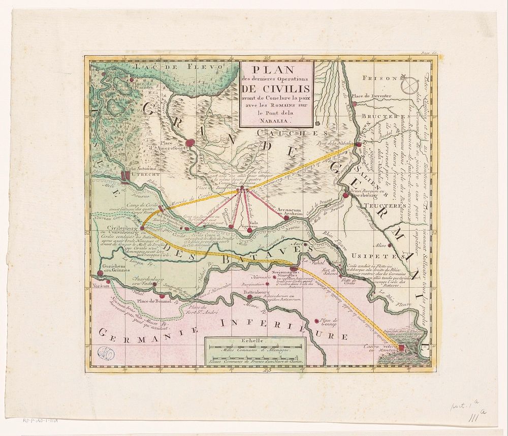 Kaart van de laatste krijgsmanoeuvres van Civilis, 69-70 (1770) by anonymous and Maximilien Henri marquis de Saint Simon
