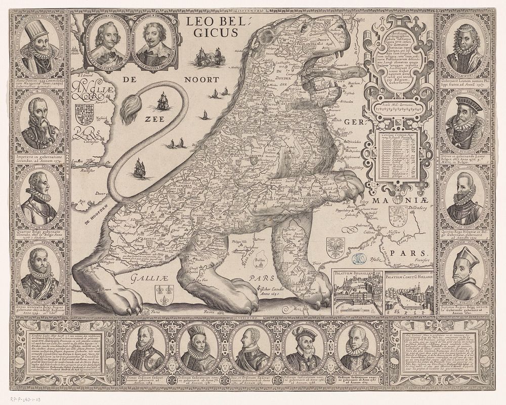 Kaart van de Zeventien Provinciën in de vorm van de Nederlandse leeuw (1650) by Joannes van Doetechum II and Claes Jansz…