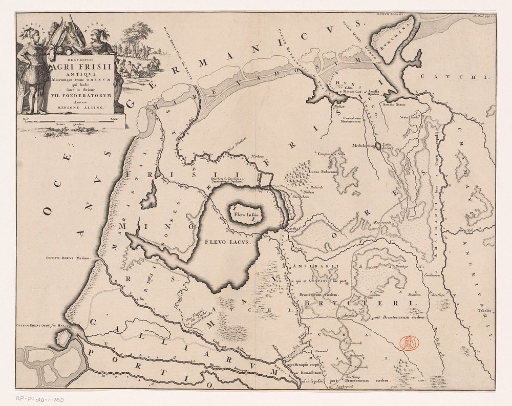 Historische kaart van Nederland met de gebieden van de Bataven en Friezen (1725) by Jan Luyken and Menso Alting