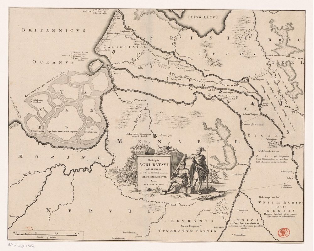 Historische kaart van Nederland met de gebieden van de Bataven en Friezen (1725) by Jan Luyken and Menso Alting